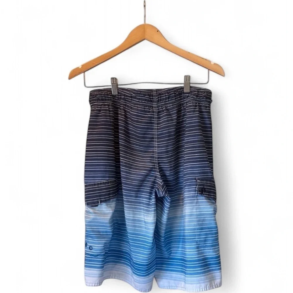 Hang Ten Striped Swim Trunks Ombre Blue White Drawstring Closure Size M